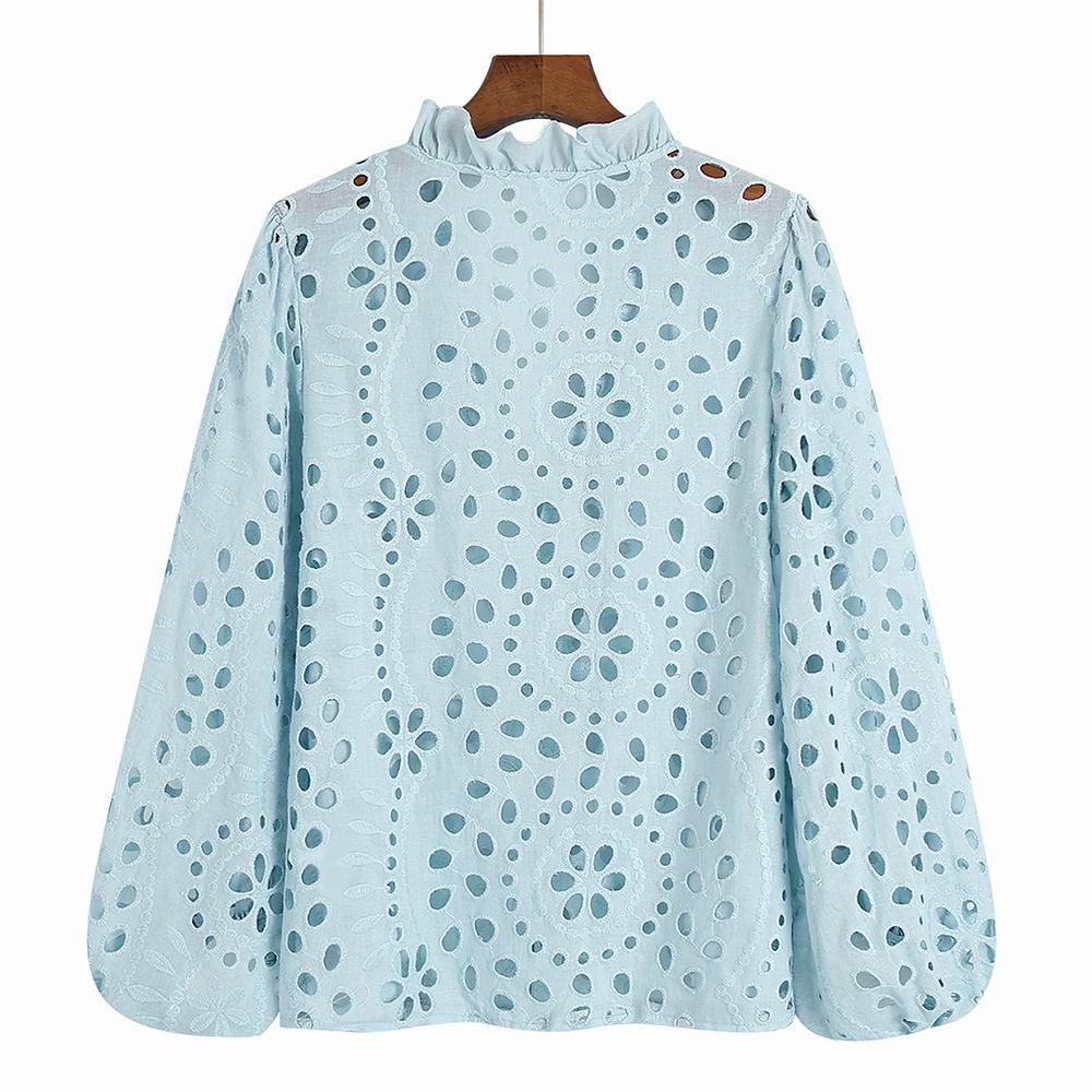 Broderie anglaise blouse for women with puff sleeves and frill neck