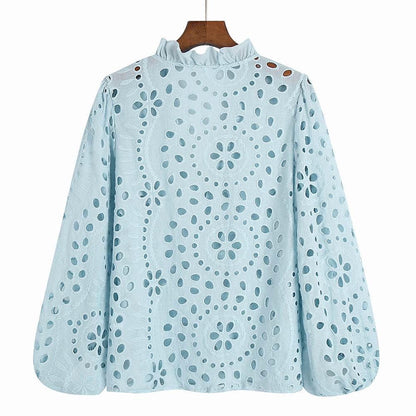 Broderie anglaise blouse for women with puff sleeves and frill neck