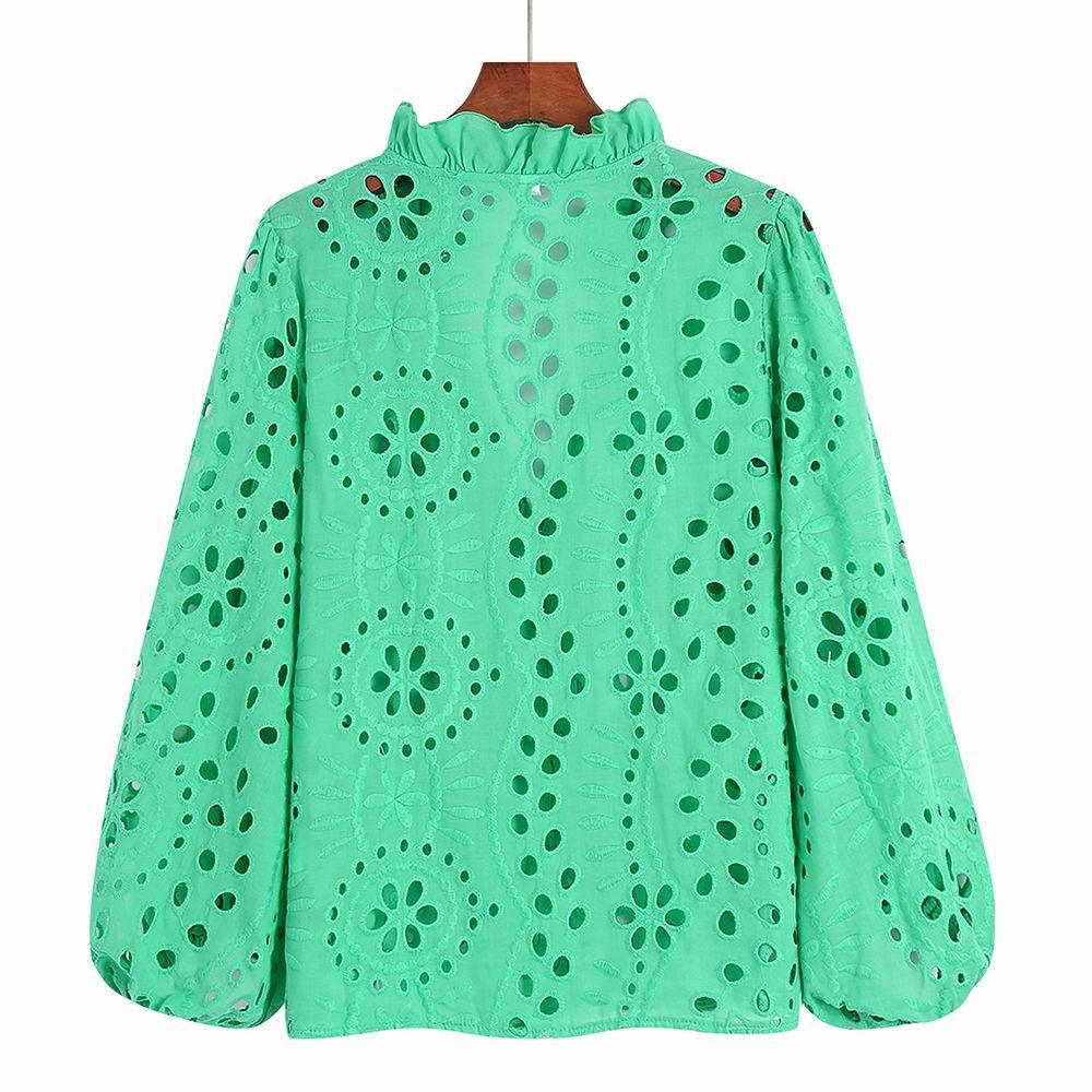 Broderie anglaise blouse for women with puff sleeves and frill neck
