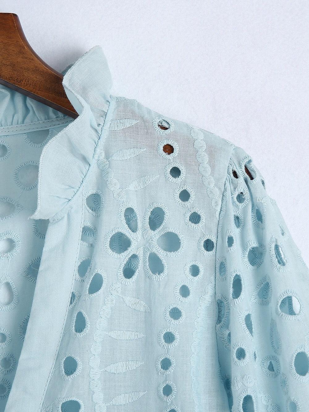 Broderie anglaise blouse for women with puff sleeves and frill neck