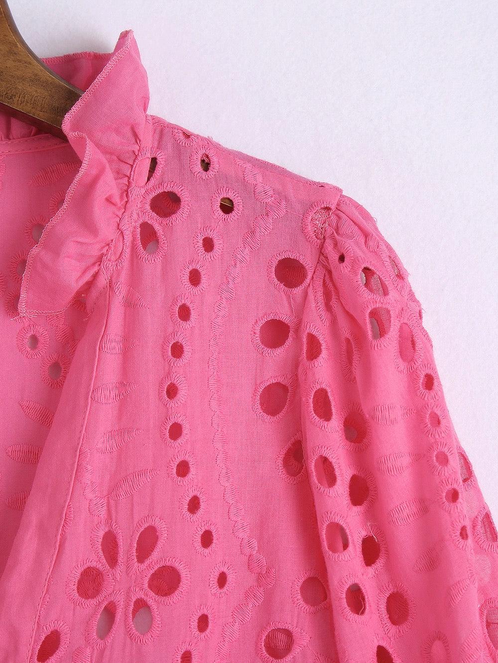 Broderie anglaise blouse for women with puff sleeves and frill neck