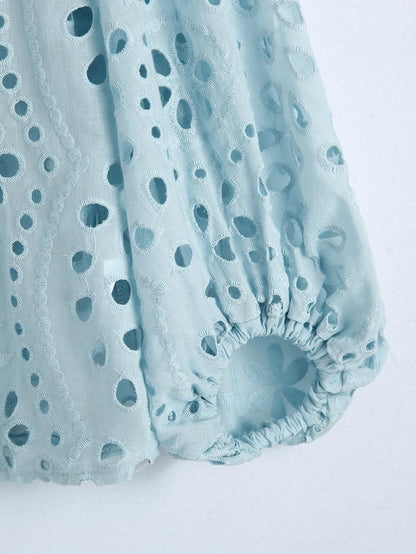 Broderie anglaise blouse for women with puff sleeves and frill neck