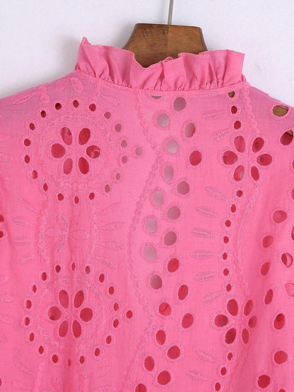 Broderie anglaise blouse for women with puff sleeves and frill neck