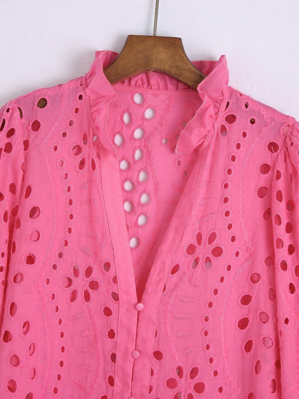 Broderie anglaise blouse for women with puff sleeves and frill neck