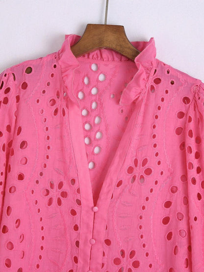 Broderie anglaise blouse for women with puff sleeves and frill neck