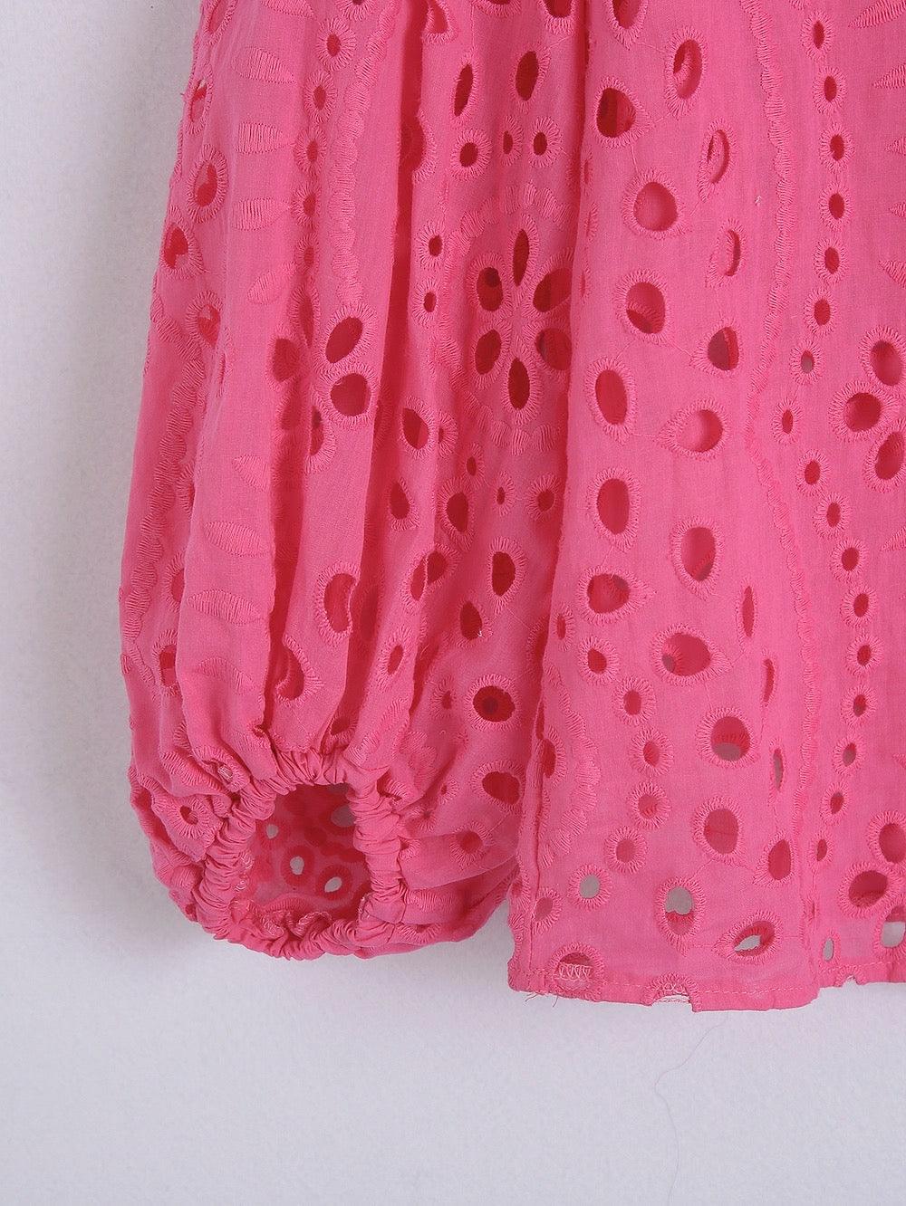 Broderie anglaise blouse for women with puff sleeves and frill neck