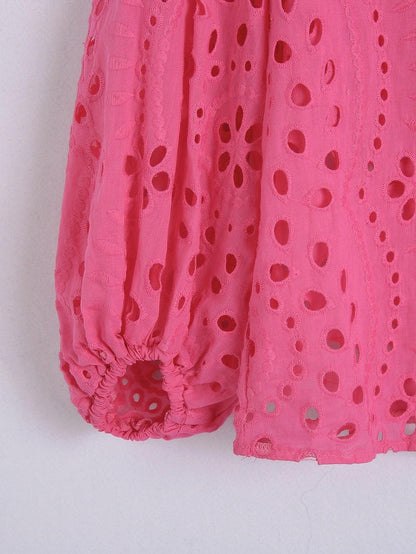 Broderie anglaise blouse for women with puff sleeves and frill neck
