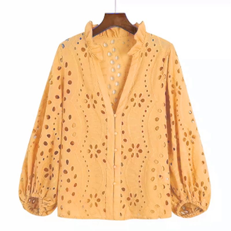 Broderie anglaise blouse for women with puff sleeves and frill neck