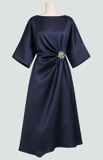 Formal dresses for women, cape sleeve draped maxi dress with brooch