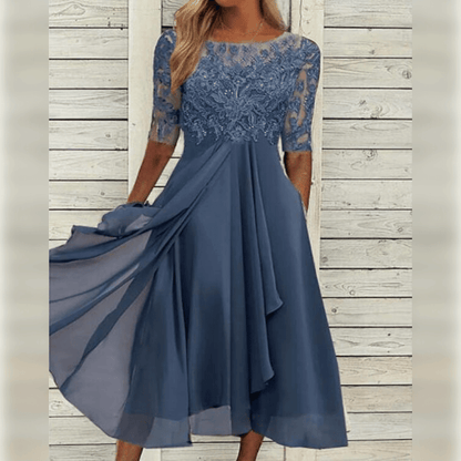 Wedding guest dress for women with lace bodice and layered asymmetric hem