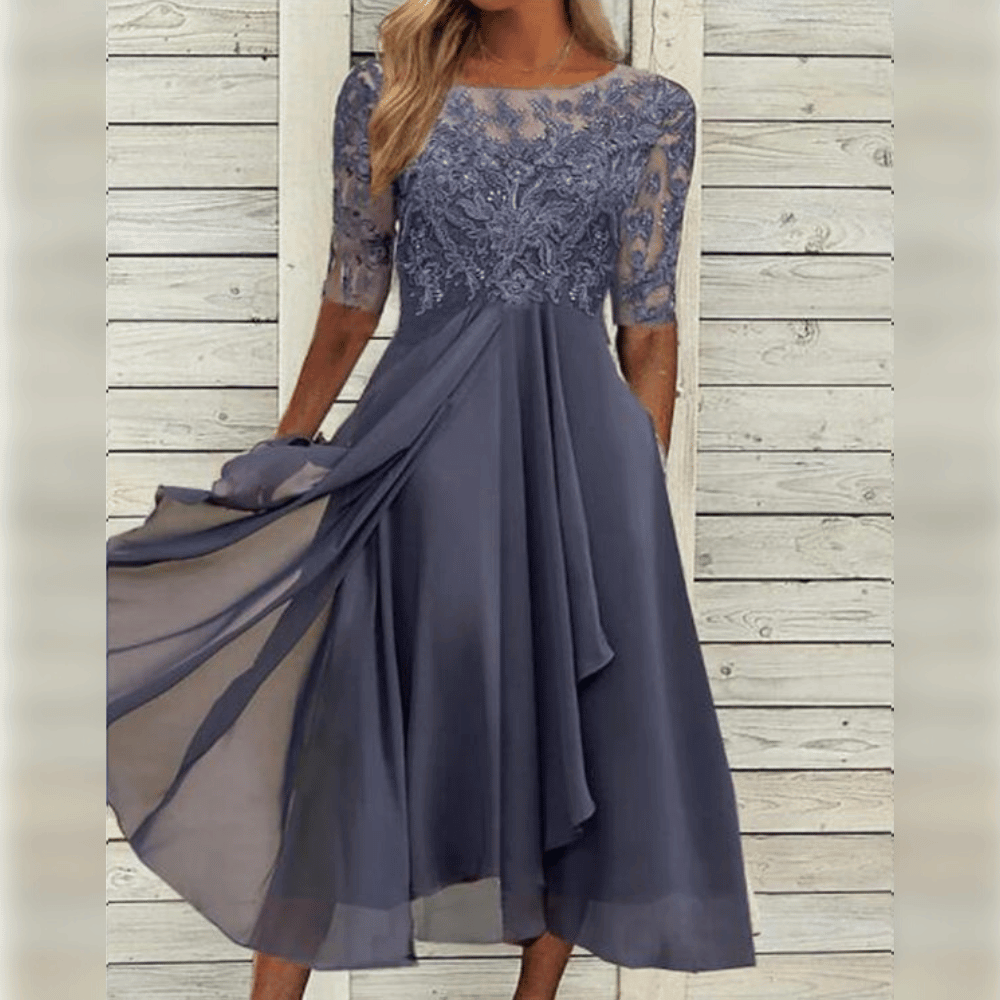 Wedding guest dress for women with lace bodice and layered asymmetric hem