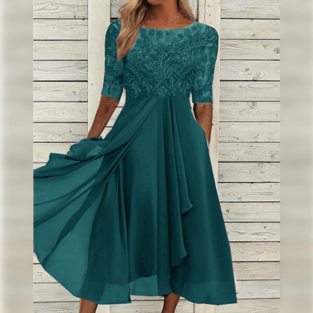 Wedding guest dress for women with lace bodice and layered asymmetric hem
