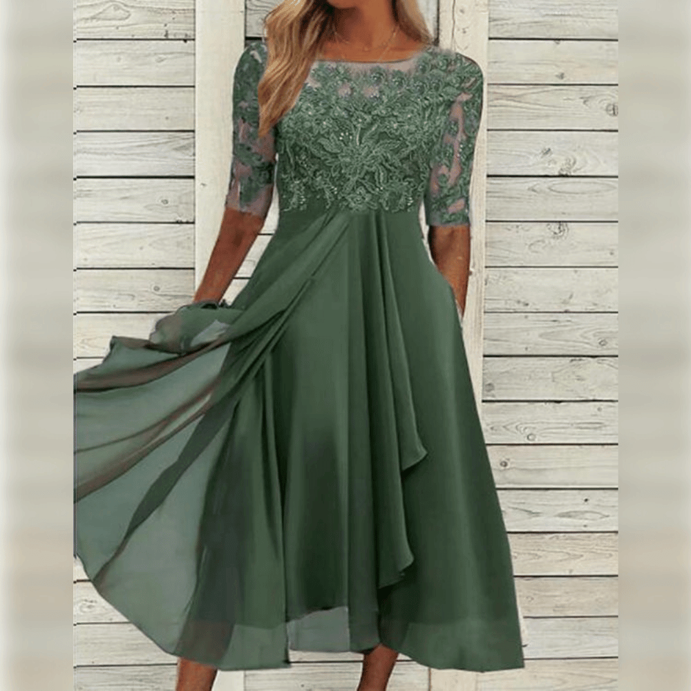 Wedding guest dress for women with lace bodice and layered asymmetric hem