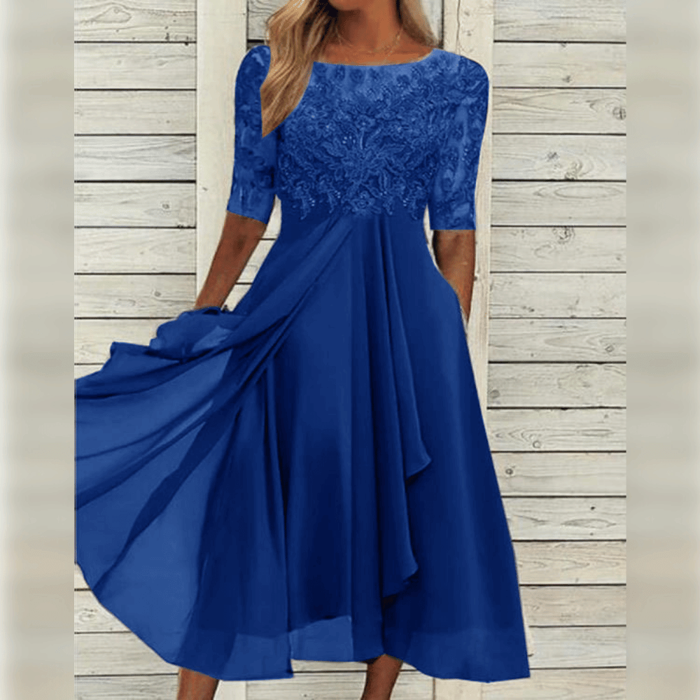 Wedding guest dress for women with lace bodice and layered asymmetric hem