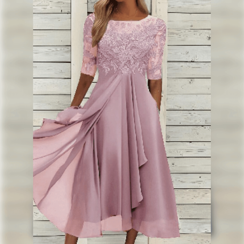 Wedding guest dress for women with lace bodice and layered asymmetric hem