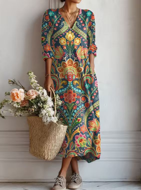 Summer dresses for women, printed midi dress with V-neck and long sleeves