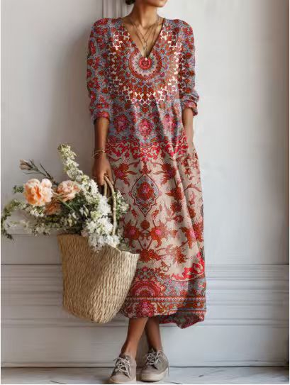 Summer dresses for women, printed midi dress with V-neck and long sleeves