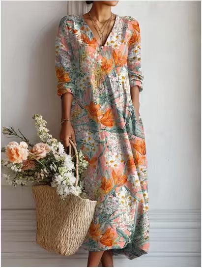 Summer dresses for women, printed midi dress with V-neck and long sleeves