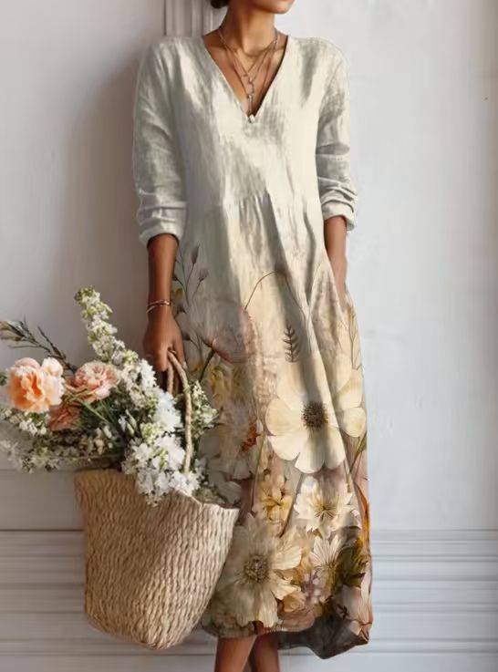 Summer dresses for women, printed midi dress with V-neck and long sleeves