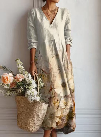 Summer dresses for women, printed midi dress with V-neck and long sleeves