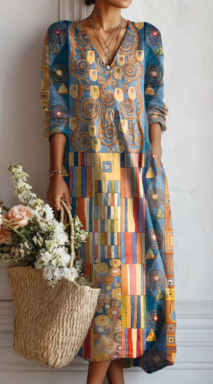 Summer dresses for women, printed midi dress with V-neck and long sleeves