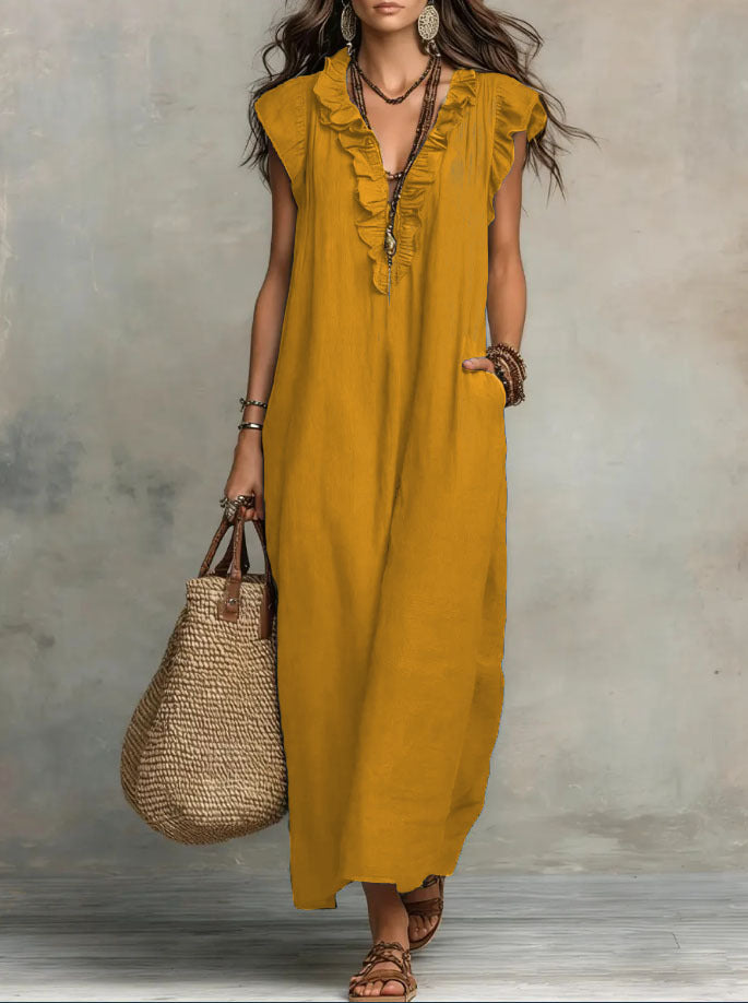 Maxi dresses for women with V-neck and ruffle cap sleeves