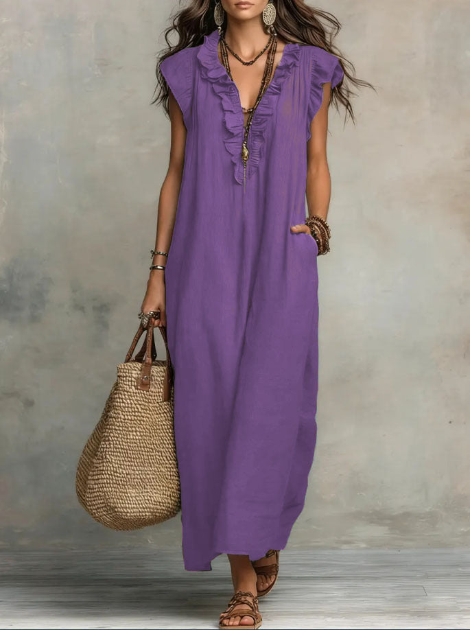 Maxi dresses for women with V-neck and ruffle cap sleeves