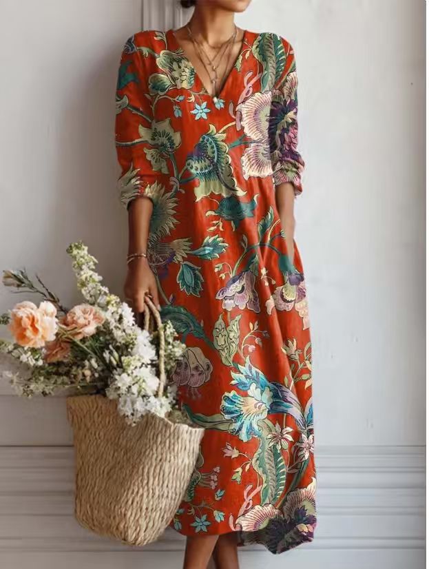 Summer dresses for women, printed midi dress with V-neck and long sleeves