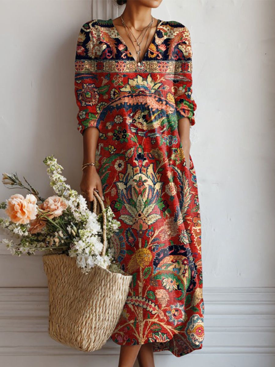 Summer dresses for women, printed midi dress with V-neck and long sleeves