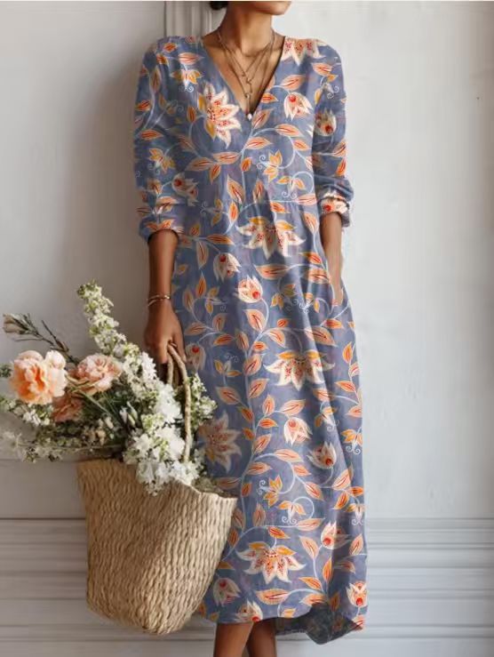 Summer dresses for women, printed midi dress with V-neck and long sleeves