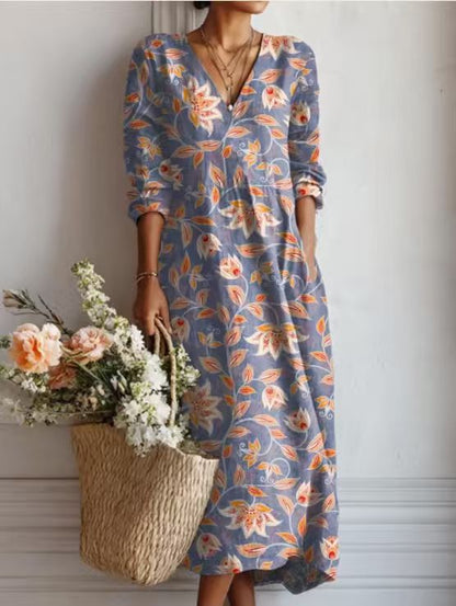 Summer dresses for women, printed midi dress with V-neck and long sleeves