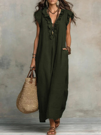 Maxi dresses for women with V-neck and ruffle cap sleeves