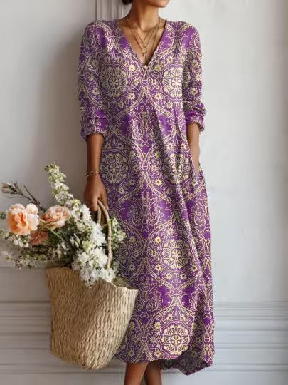 Summer dresses for women, printed midi dress with V-neck and long sleeves