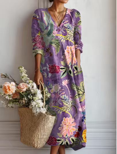 Summer dresses for women, printed midi dress with V-neck and long sleeves