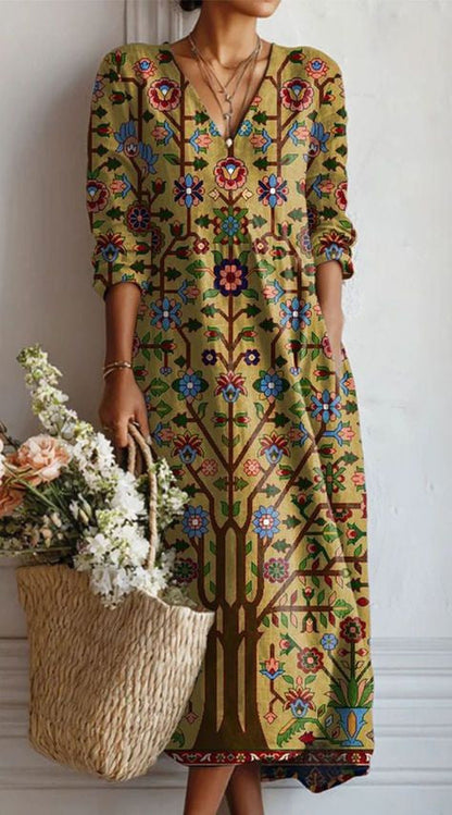 Summer dresses for women, printed midi dress with V-neck and long sleeves