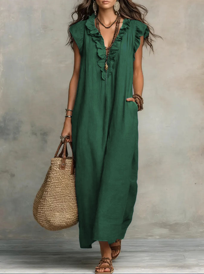 Maxi dresses for women with V-neck and ruffle cap sleeves