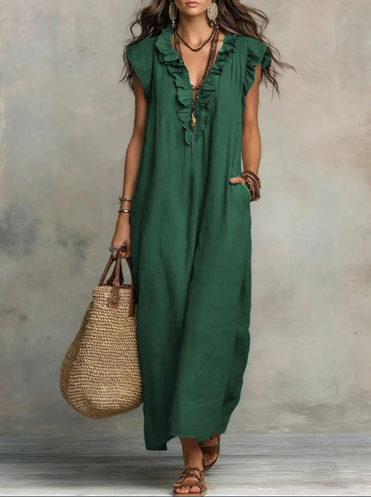 Maxi dresses for women with V-neck and ruffle cap sleeves