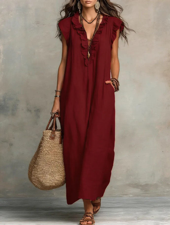 Maxi dresses for women with V-neck and ruffle cap sleeves