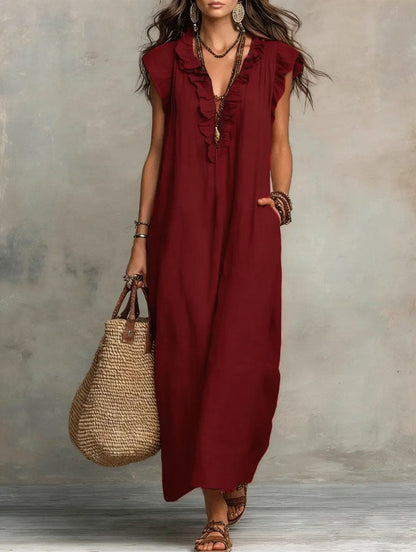 Maxi dresses for women with V-neck and ruffle cap sleeves