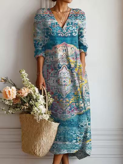 Summer dresses for women, printed midi dress with V-neck and long sleeves