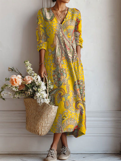 Summer dresses for women, printed midi dress with V-neck and long sleeves