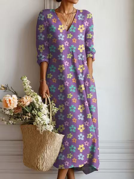 Summer dresses for women, printed midi dress with V-neck and long sleeves