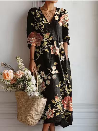 Summer dresses for women, printed midi dress with V-neck and long sleeves