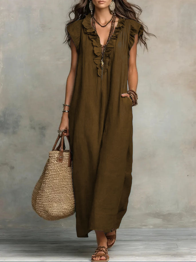 Maxi dresses for women with V-neck and ruffle cap sleeves