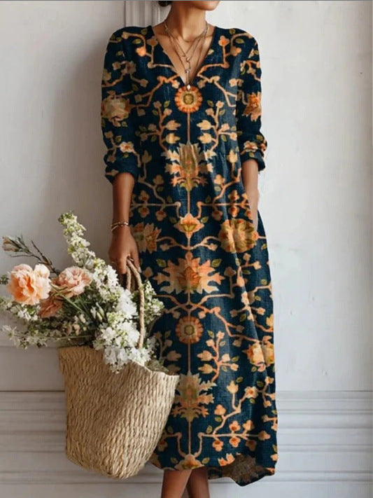 Summer dresses for women, printed midi dress with V-neck and long sleeves
