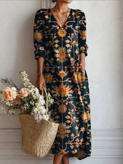 Summer dresses for women, printed midi dress with V-neck and long sleeves