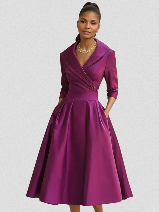Wedding guest dress for women with wrap front and 3/4 sleeves