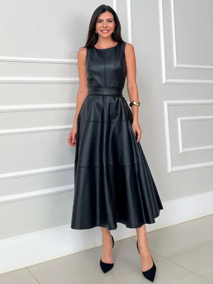 Midi dress for women with sleeveless round neck and A-line skirt
