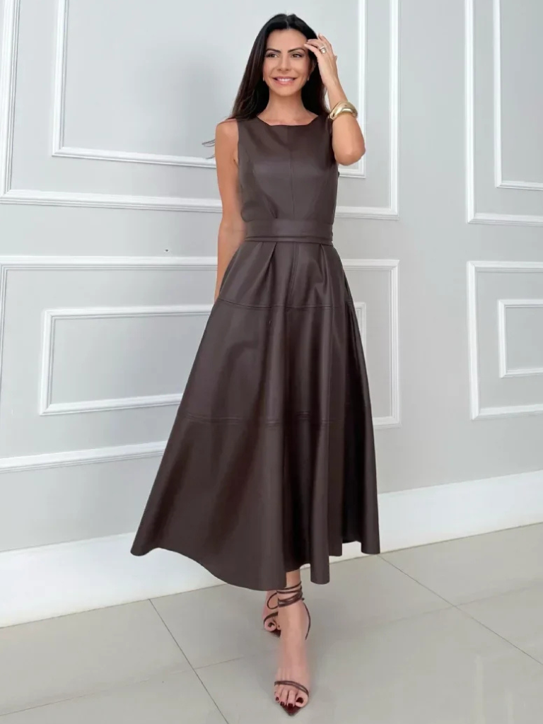 Midi dress for women with sleeveless round neck and A-line skirt