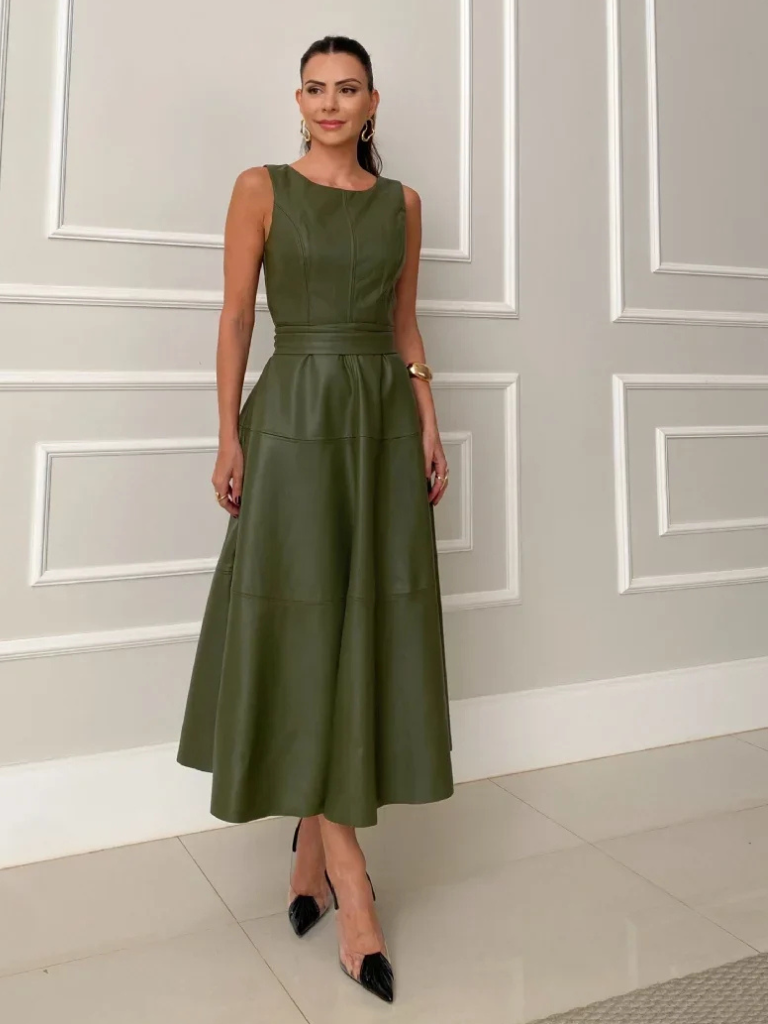 Midi dress for women with sleeveless round neck and A-line skirt